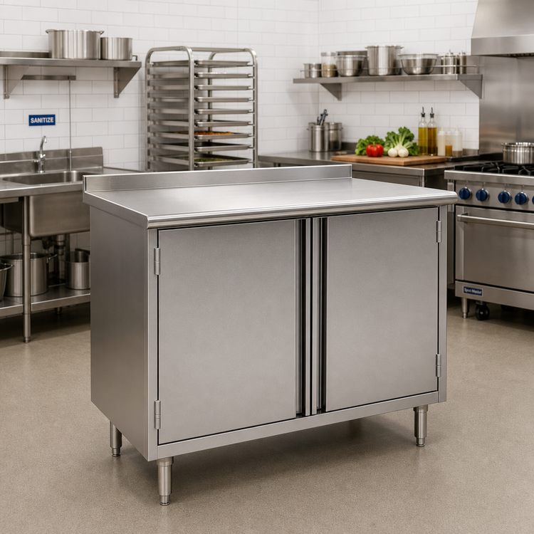 Product image #2 for Spec-Master Cabinet Base Enclosed Work Table with Hinged Doors, 96 x 24 Inches, 14-Gauge 304 Stainless Steel Top