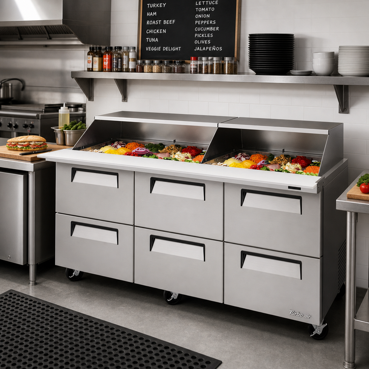 Product image #2 for Turbo Air Super Deluxe Refrigerated 3-Section Sandwich/Salad Mega Top Prep Table with 6 Drawers and Slide-Back Lid