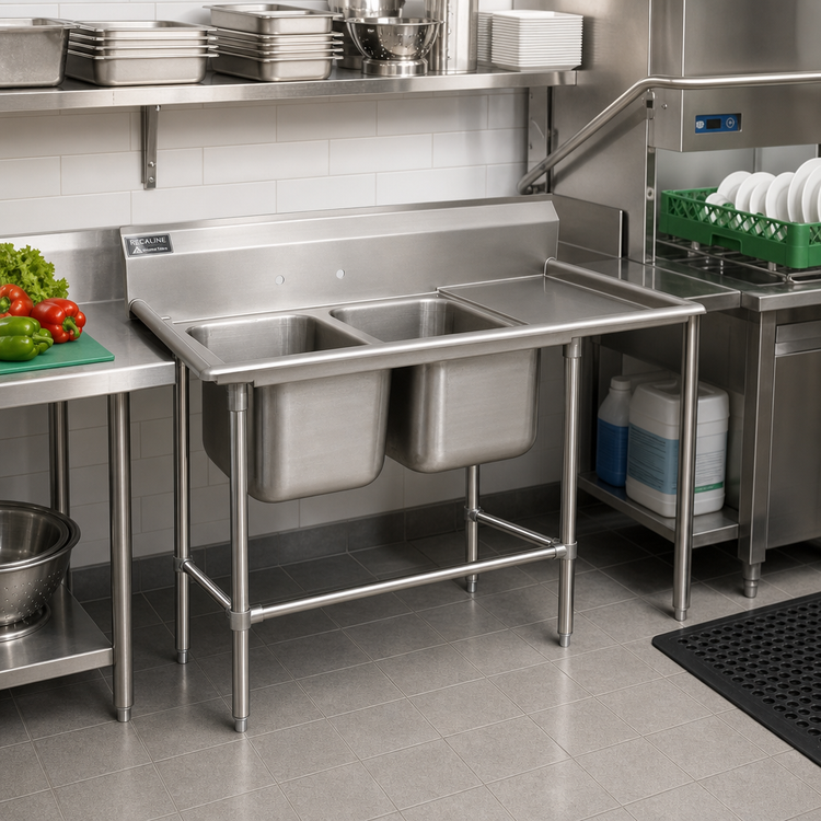 Product image #2 for Advance Tabco Regaline Two-Compartment Sink with Right-Hand Drainboard, 24" x 24" Bowls, 14-Gauge 304 Stainless Steel