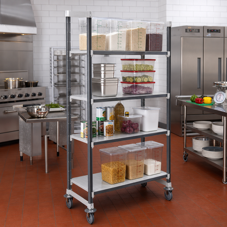 Product image #2 for Cambro Camshelving Elements XTRA High Density Mobile Starter Unit, 21-Inch x 42-Inch x 78-1/4-Inch, 4-Shelf Solid, Speckled Gray