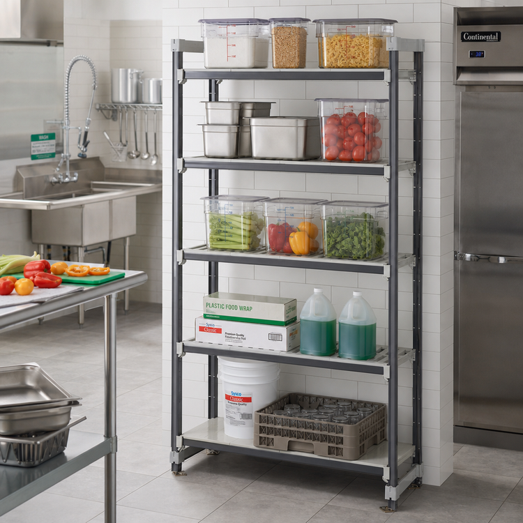 Product image #2 for Cambro Camshelving Elements XTRA High Density Top Rail Stationary Starter Unit, 24"D x 48"L x 81"H, 5-Tier, Speckled Gray