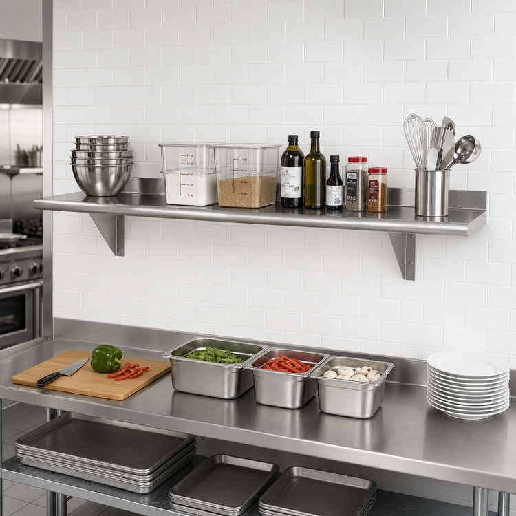 Product image #2 for Advance Tabco 120" W x 15" D Wall-Mounted 430 Stainless Steel Shelf with Bullnose Front Edge