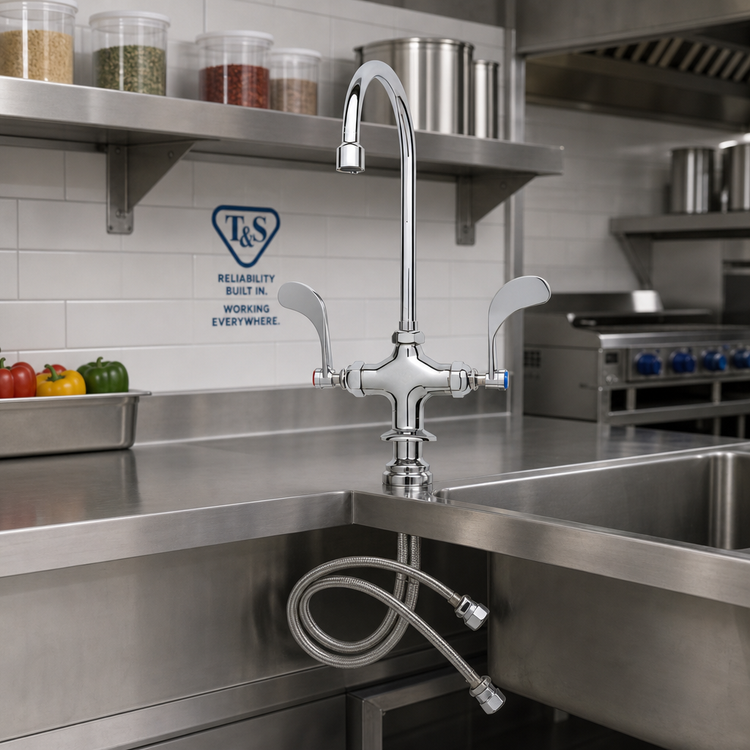 Product image #2 for T&S Brass Double Pantry Deck-Mount Manual Faucet with Swivel Gooseneck and Wrist Handles