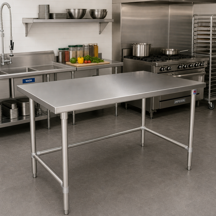 Product image #2 for John Boos 72" x 48" 14-Gauge 300-Series Stainless Steel Top Work Table with Stainless Steel Base