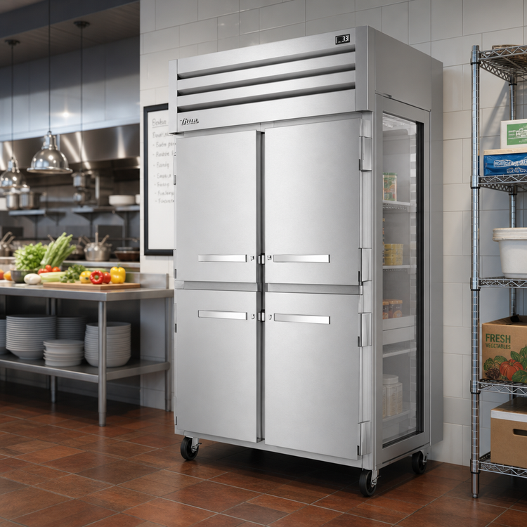 Product image #2 for True SPEC SERIES Two-Section Pass-Thru Reach-In Refrigerator with 4 Stainless Steel Half Front Doors and 2 Glass Rear Doors