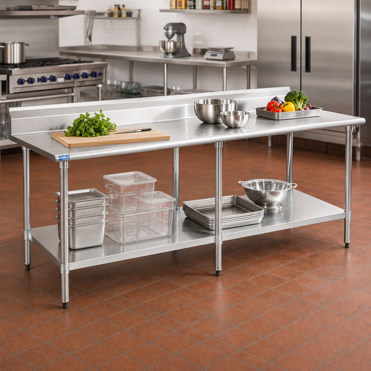 Product image #2 for Eagle Group Budget Series 144 Inch x 24 Inch Stainless Steel Work Table with Rear Up-Turn and Adjustable Undershelf