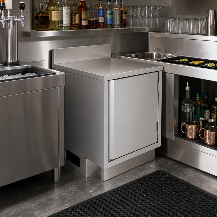 Product image #3 for BK Resources Call Series Stainless Steel Flat Top Underbar Cabinet with Pedestal Base, 24 x 21 Inches