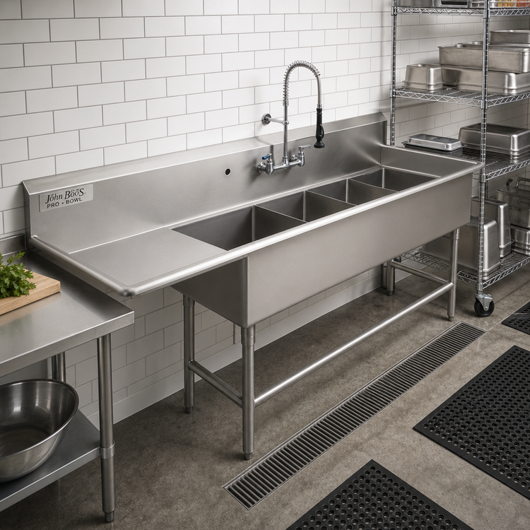 Product image #2 for John Boos Pro-Bowl 4-Compartment Sink with Left Drainboard, 24 x 24 x 14 Inch Bowls