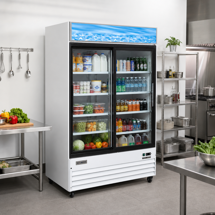 Product image #2 for Two-Section Reach-In Glass Door Merchandiser Refrigerator, 45 Cu. Ft., Bottom-Mount Self-Contained, White