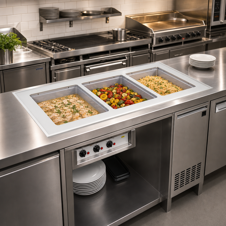 Product image #2 for Vollrath Short-Sided 3-Pan Marine-Grade Drop-In Hot Well with Thermostatic Controls and Manifold Drain