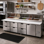 Thumbnail image #2 for Beverage Air DPD119HC-6 119-Inch Four-Section Refrigerated Pizza Prep Table, 42.2 cu. ft., 6 Drawers/1 Door, Stainless Steel, 19-Inch Cutting Board