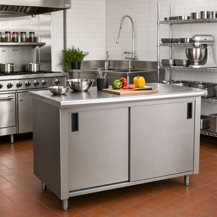 Product image #2 for Advance Tabco 48-Inch x 30-Inch Enclosed Work Table with Cabinet Base, Mid-Shelf, and Sliding Doors