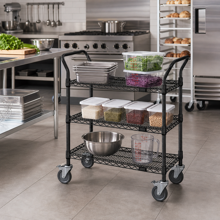 Product image #2 for Quantum 36 x 24 x 37-1/2 in. Black Epoxy Antimicrobial 3-Shelf Wire Utility Cart