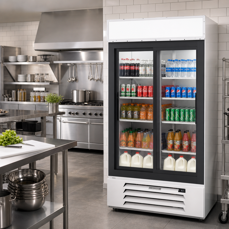 Product image #2 for Beverage-Air MarketMax Two-Section Sliding Glass Door Refrigerated Merchandiser, 35.4 Cu. Ft., White