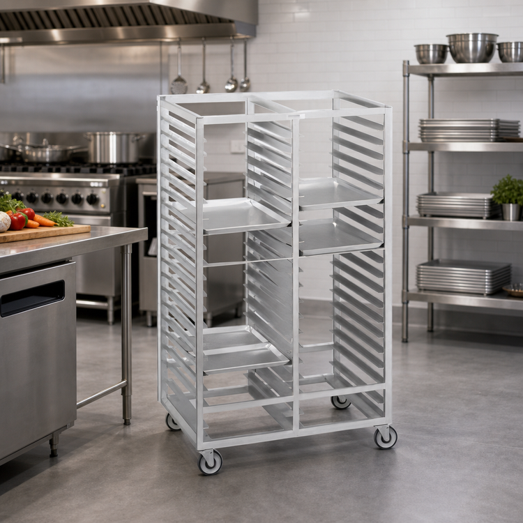 Product image #2 for Channel Double-Section Aluminum Cafeteria Tray Rack with Swivel Casters, 36-Inch High, 10-Tray Capacity