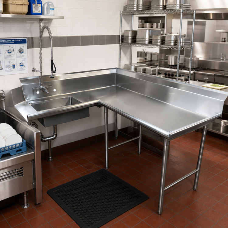 Product image #2 for Advance Tabco Korner L-Shaped Right-Hand Soil Dishtable with Pre-Rinse Sink, 107-Inch, 14 Gauge 304 Stainless Steel
