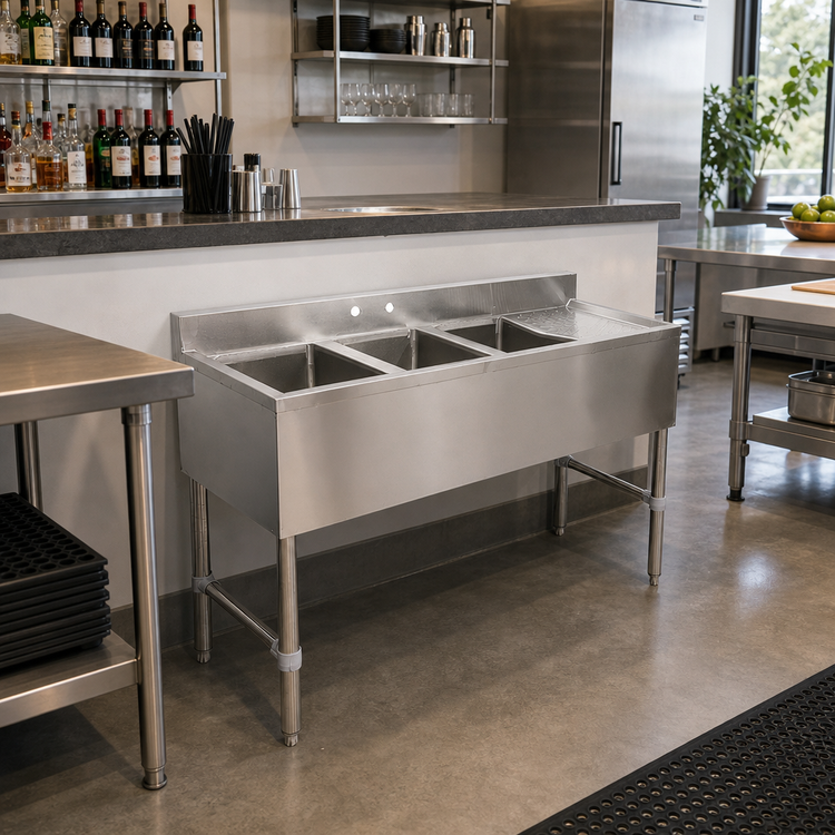 Product image #2 for 49-Inch Three-Compartment Stainless Steel Underbar Sink with Right Drainboard