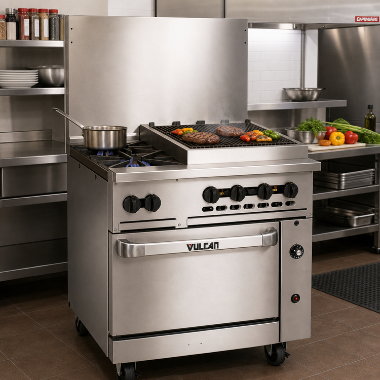 Product image #2 for Vulcan Endurance 36-Inch Propane Gas Restaurant Range with 2 Open Burners, 24-Inch Charbroiler, and Convection Oven