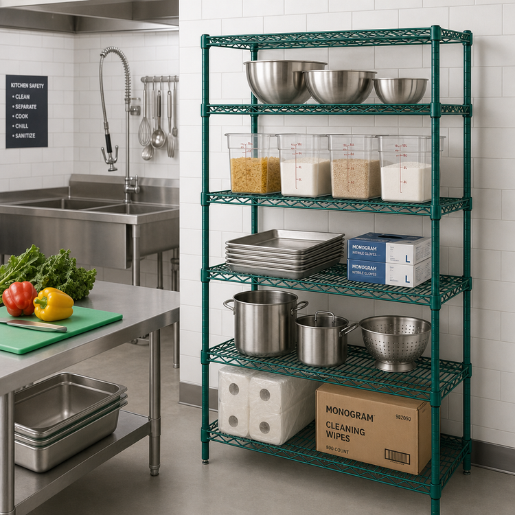 Product image #2 for Quantum 42"W x 24"D x 54"H Wire Shelving Starter Kit with 5 Shelves, Green Epoxy Antimicrobial Finish