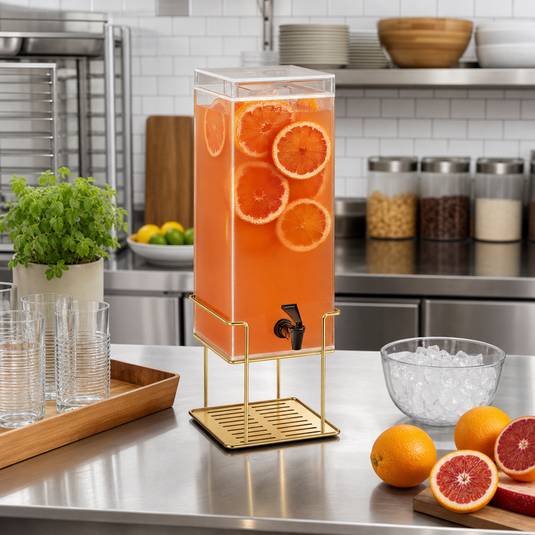 Product image #2 for Mid-Century 3 Gallon Square Beverage Dispenser with Ice Chamber, Drip Tray, and Brass Wire Base