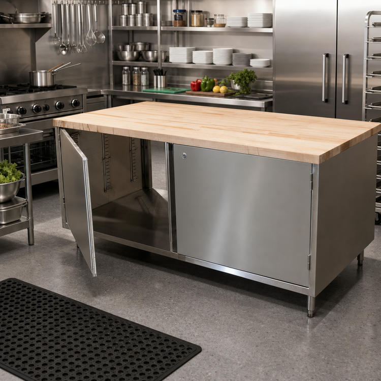 Product image #2 for BK Resources Dual-Access Hard Maple Top Chef Table with Locking Stainless Steel Cabinet Base, 72 x 36 Inches