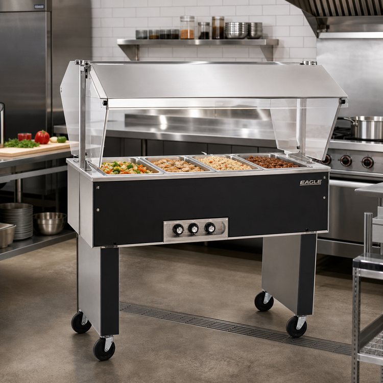 Product image #2 for Eagle Service Mate Deluxe Portable 4-Well Buffet Hot Food Table with Sneeze Guard, 208V, 3-Phase