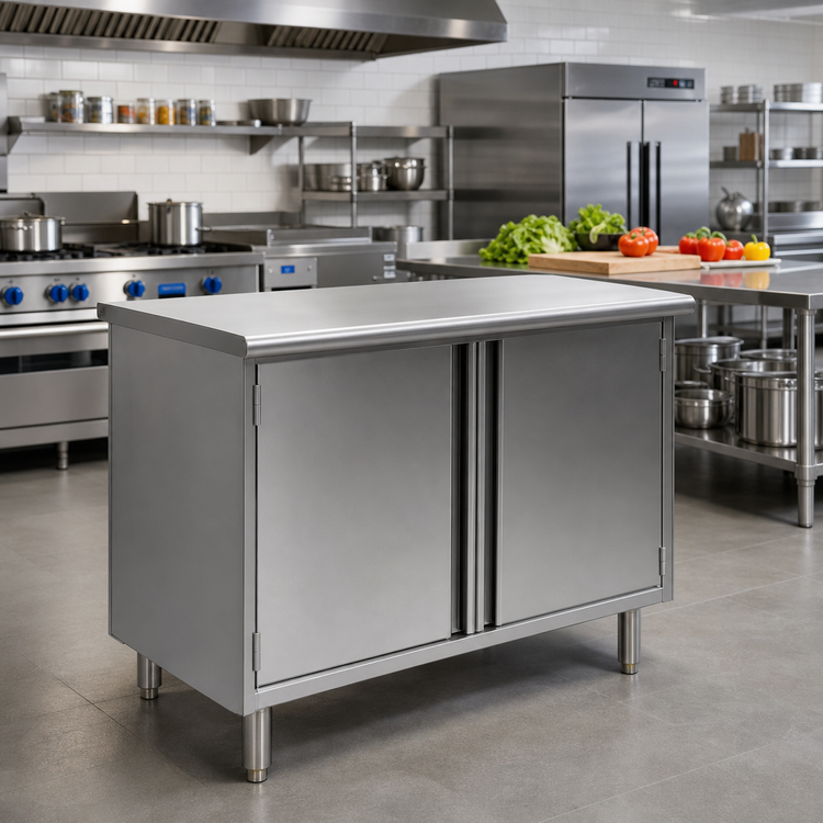 Product image #2 for Spec-Master Enclosed Base Work Table with Hinged Doors, 84 x 24 Inches, 14-Gauge 304 Stainless Steel Top