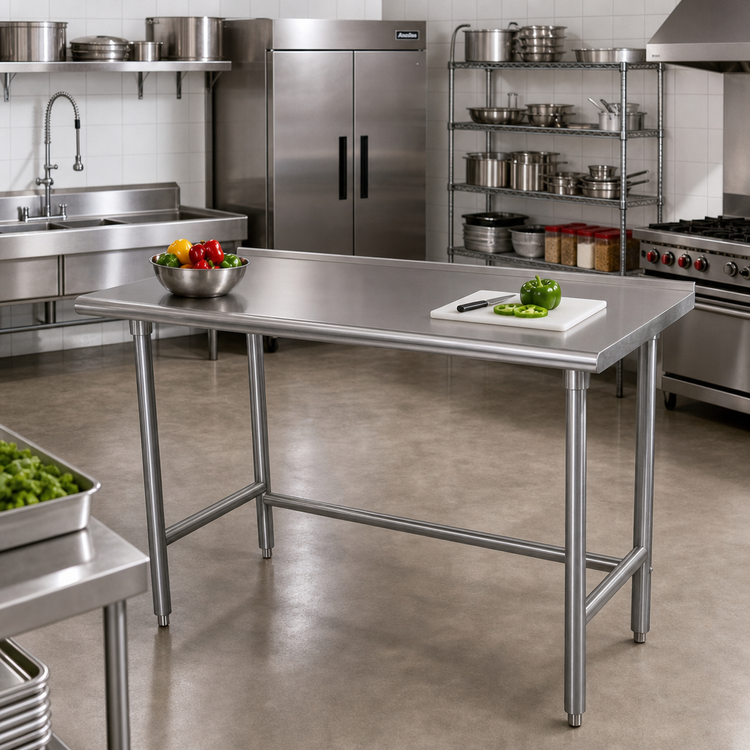 Product image #2 for Advance Tabco 84-Inch x 36-Inch 16 Gauge 304 Stainless Steel Open Base Work Table with 1-1/2-Inch Rear Up-Turn