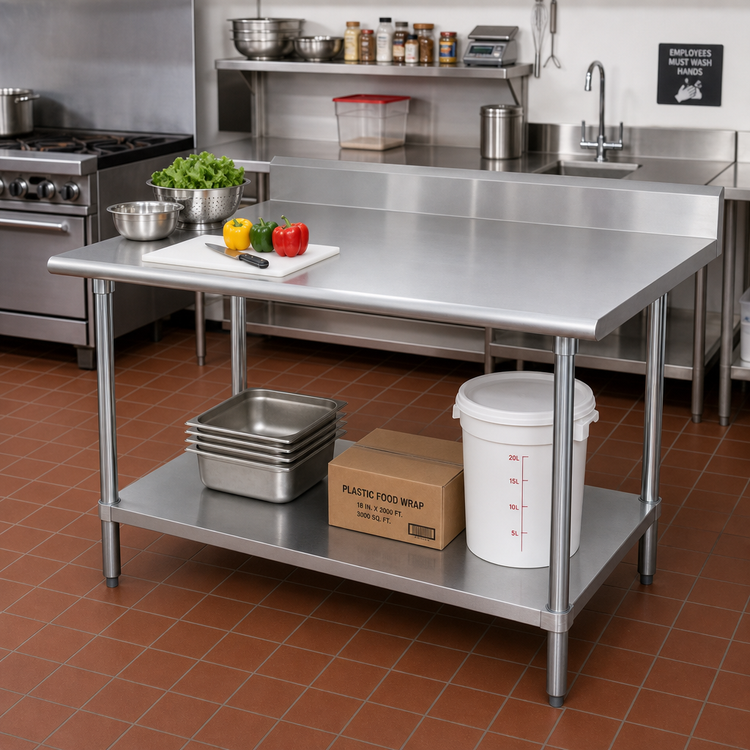 Product image #2 for Advance Tabco Special Value Series 60 x 36 Inch Stainless Steel Work Table with 5 Inch Backsplash and Adjustable Undershelf