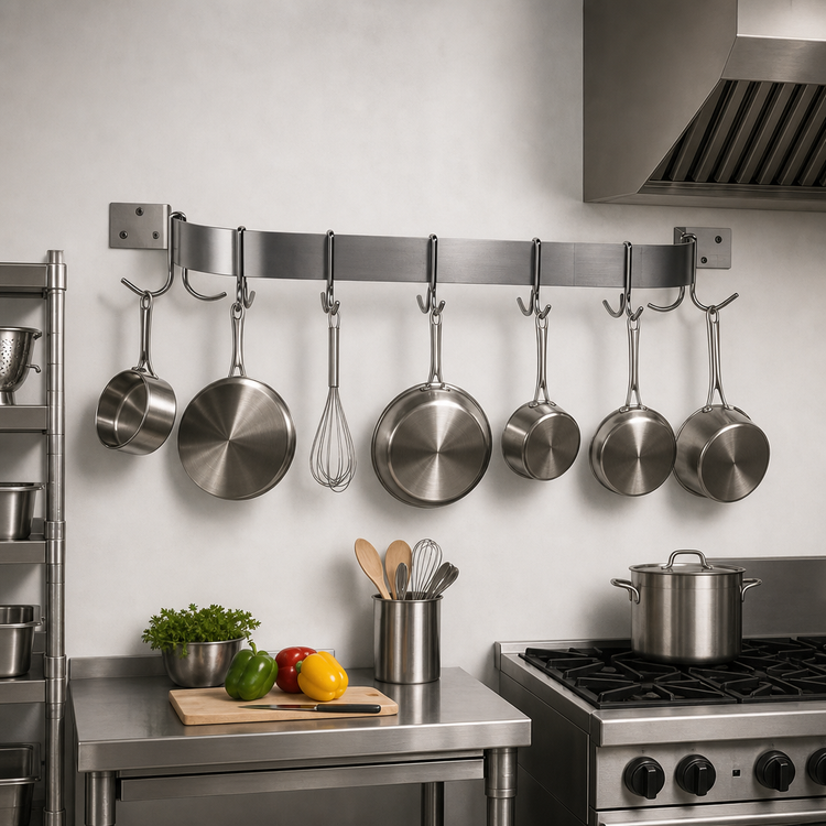 Product image #2 for Advance Tabco Wall-Mounted Stainless Steel Pot Rack with Single Bar and 9 Plated Double Hooks, 96 Inch