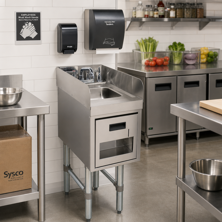 Product image #2 for 15-Inch Freestanding Underbar Hand Sink with Soap and Towel Dispensers, Faucet, and Side Splashes
