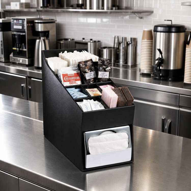 Product image #2 for Black Polystyrene Countertop Condiment, Straw & Napkin Organizer with Full-Fold Napkin Dispenser