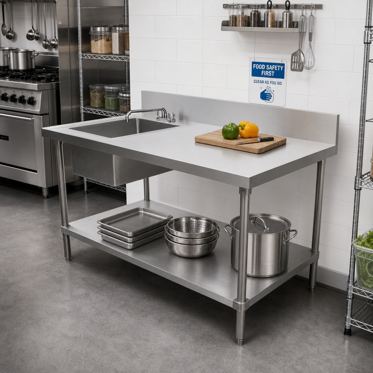 Product image #2 for 60-Inch x 24-Inch 18-Gauge 430 Stainless Steel Prep Sink Work Table with Left-Side Bowl, Backsplash, and Undershelf