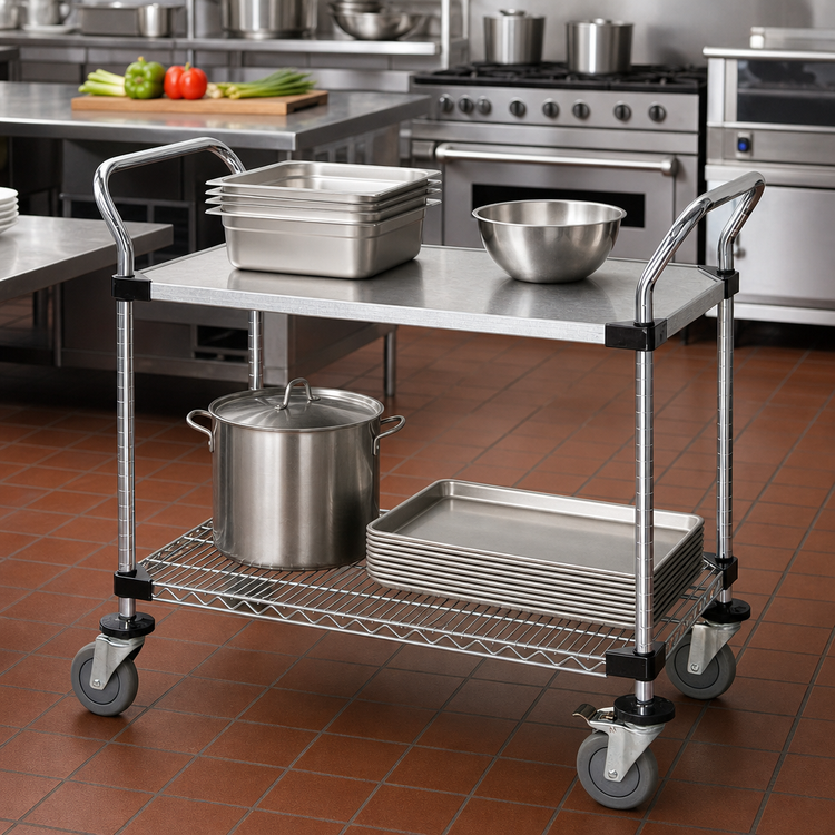Product image #2 for 48 x 24 Inch 304 Stainless Steel Utility Bus Cart with Wire and Solid Shelves