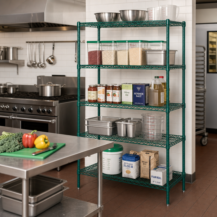 Product image #2 for Quantum 48"W x 36"D x 63"H Stationary Wire Shelving Starter Kit, 5 Shelves, Green Epoxy