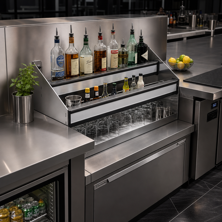 Product image #2 for Glastender Double Stainless Steel Speed Rail, 13-Inch Wide, Open Step-and-Rail Design