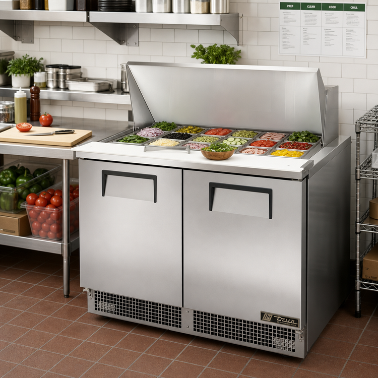 Product image #2 for True 48-Inch Two-Section Stainless Steel Sandwich/Salad Prep Table with Rear-Mounted Self-Contained Refrigeration and 18 Pans