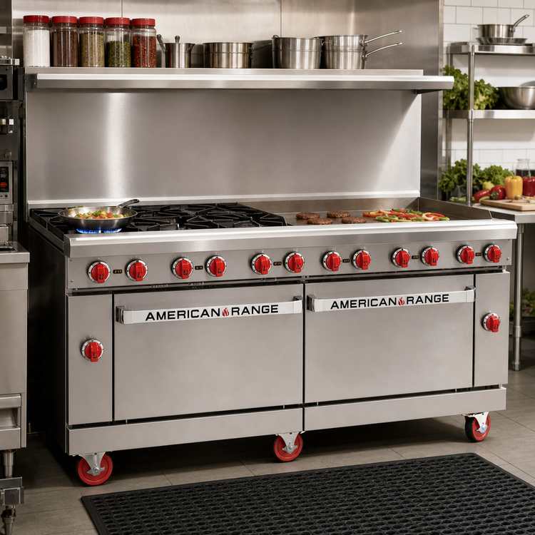 Product image #2 for American Range 72-Inch Commercial Gas Restaurant Range with 48-Inch Griddle, 4 Open Burners, Convection Oven, and Storage Base