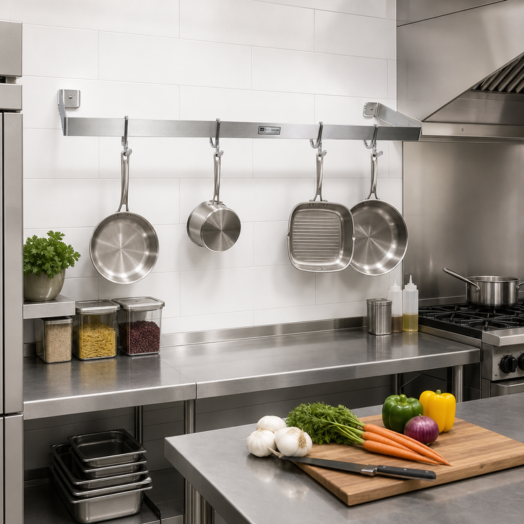 Product image #2 for John Boos Wall-Mount Single-Bar Stainless Steel Pot Rack with 5 Double Hooks