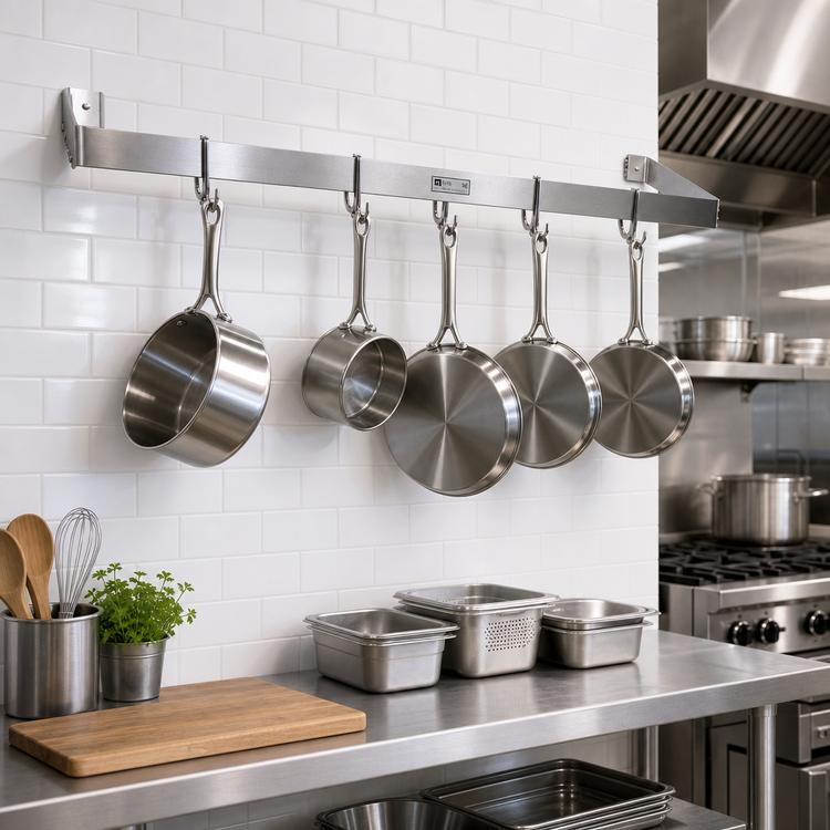 Product image #2 for John Boos Wall-Mount Single-Bar Stainless Steel Pot Rack with 5 Double Hooks
