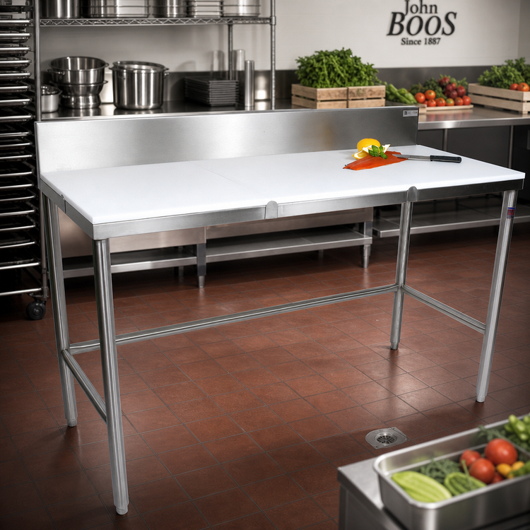 Product image #2 for John Boos 60-Inch x 24-Inch Reversible Poly Top Trimming Table with Stainless Steel Legs and 6-Inch Backsplash