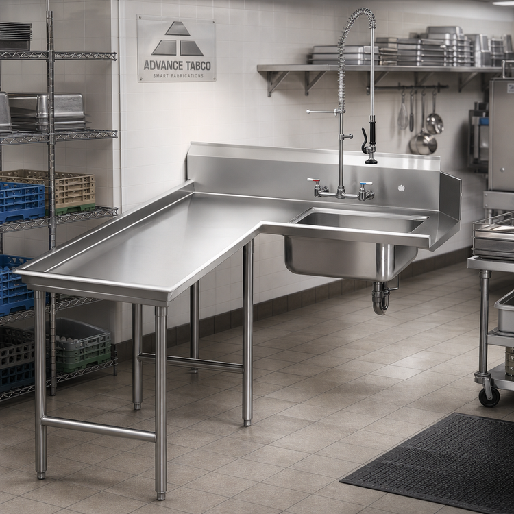 Product image #2 for Advance Tabco 95 Inch Left-Hand L-Shaped Island Soil Dishtable with Pre-Rinse Sink, 16 Gauge 304 Stainless Steel