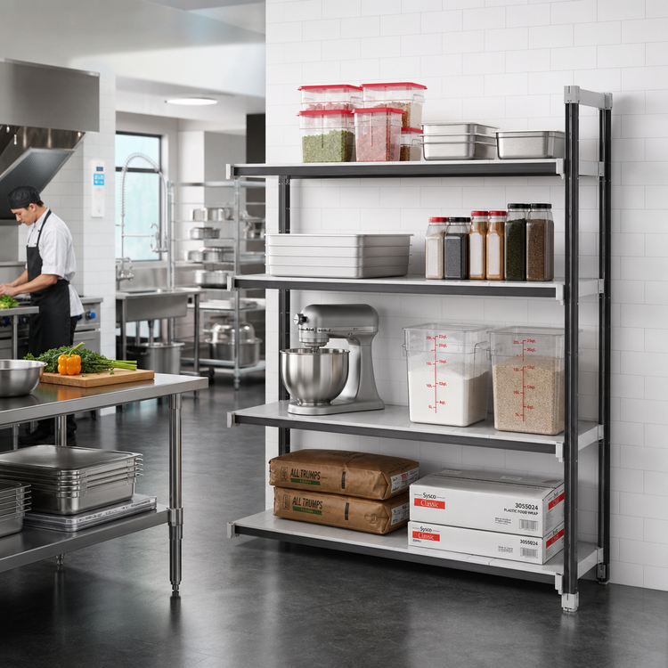 Product image #2 for Cambro Camshelving Elements XTRA 4-Shelf Solid Stationary Add-On Unit, 72W x 24D x 72H, Speckled Gray