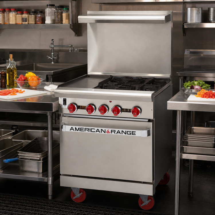 Product image #2 for American Range 24-Inch Green Flame Commercial Gas Range with 12-Inch Left Griddle, 2 Open Burners, and Space Saver Oven
