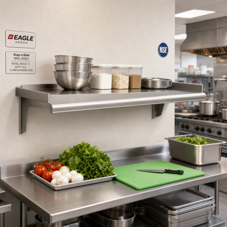 Product image #2 for Eagle Snap-n-Slide Wall-Mounted Shelf, 36"W x 12"D, Rolled Front Edge, 14/304 Stainless Steel