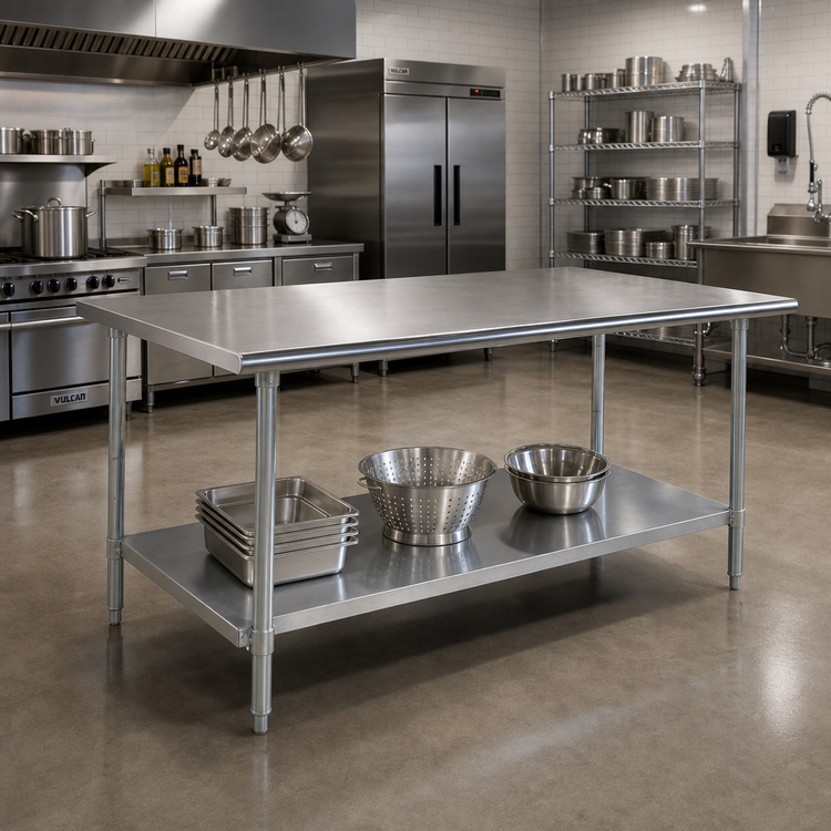 Product image #2 for Advance Tabco 108-Inch W x 36-Inch D Flat Top Work Table with Adjustable Undershelf, 430 Stainless Top, Galvanized Base