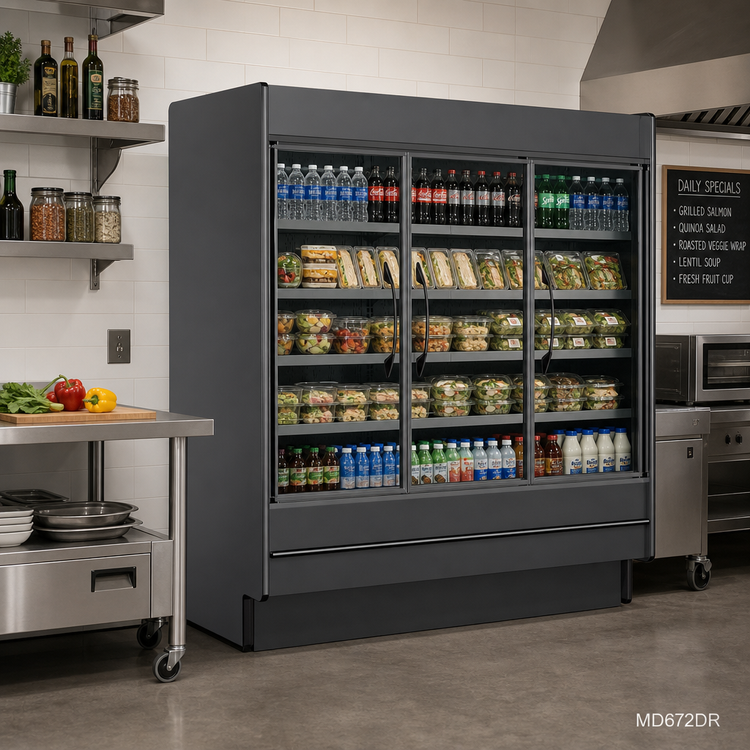 Product image #2 for Fusion® MD672DR High-Profile Self-Service Refrigerated Display Case, 74-1/4 in. W x 37-1/8 in. D x 72-1/2 in. H, 3 Swinging Glass Doors, Remote DX