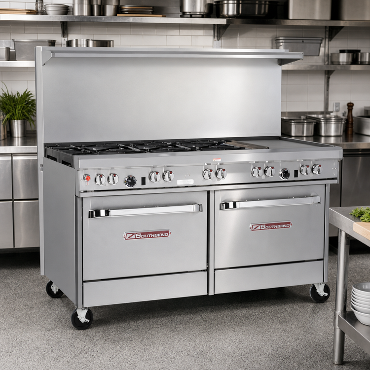Product image #2 for Southbend Ultimate 60-Inch Gas Restaurant Range with 4 Star/Sauté Burners, 36-Inch Griddle and 2 Cabinets