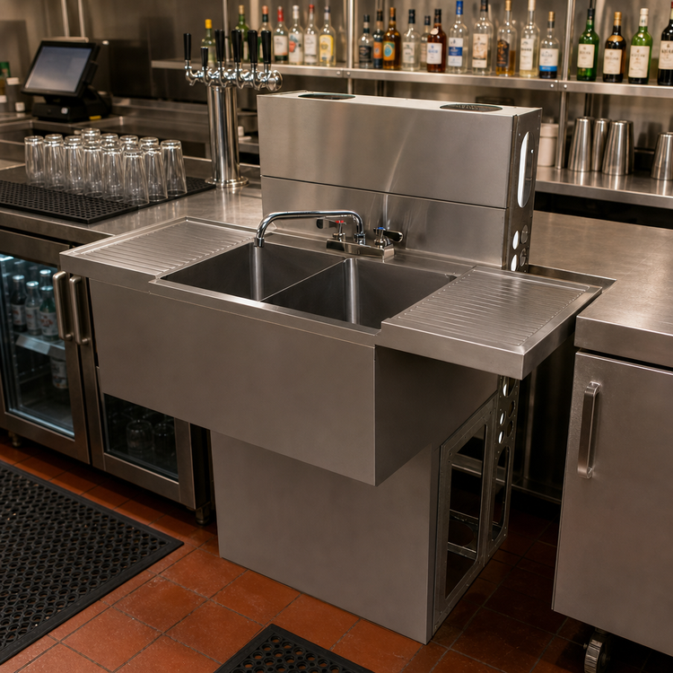 Product image #3 for BK Resources 48-Inch Two-Compartment Underbar Slimline Sink with Left and Right Drainboards