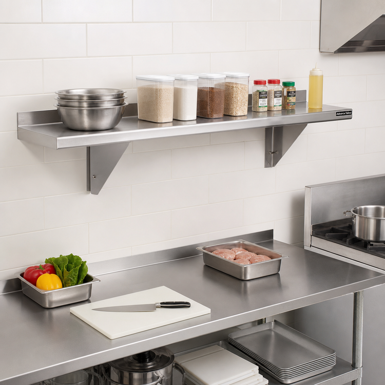 Product image #2 for Advance Tabco 96" x 18" Wall-Mounted Stainless Steel Shelf, 16 Gauge, Satin Finish